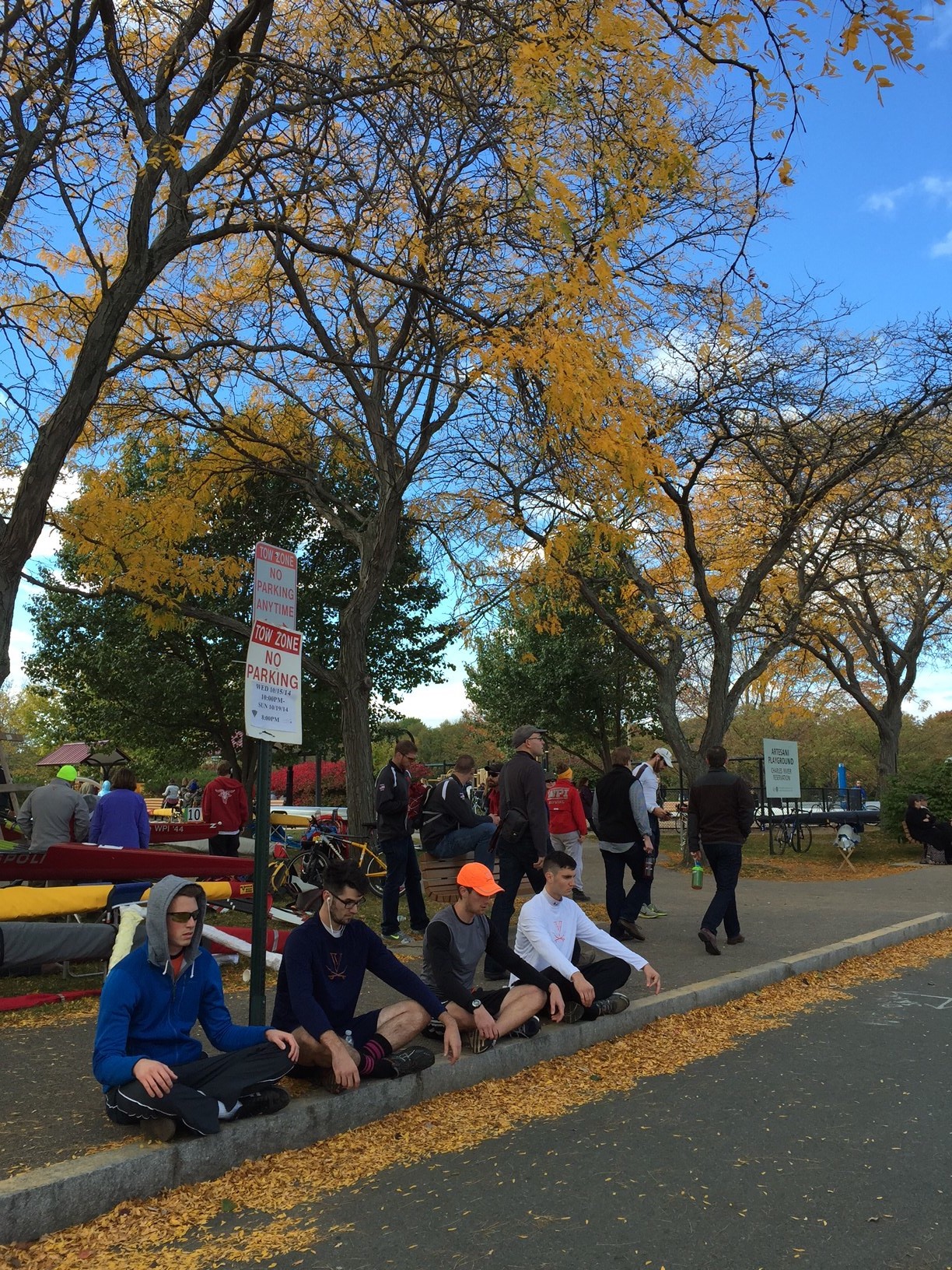 1V rowers Gage Wells '15, Perry Cox '15, Charley Hanley '15, and Thacher Hoch '17 practicing pre-race meditation with help from visiting friend of the team Dr. August Leming (not pictured)