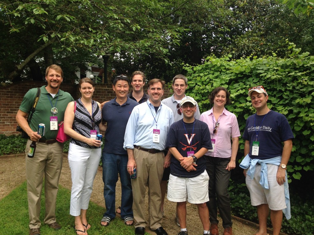 Cavalier Daily alumni gather at Reunions 2015. From left to right: Matt Lane, Elisabeth Dexter Beller, Sung Kim, Andrew Csontos, Matt Phillips, Matt Branson, David Kazzie, Julie Doughty, David Rose)