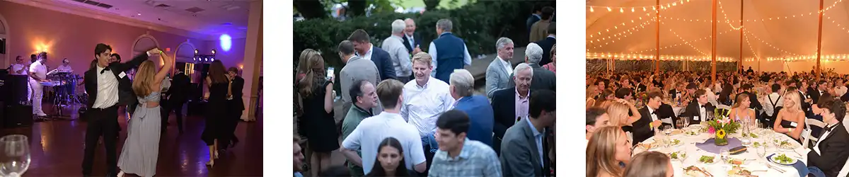 Three photos from DKE's 170th Anniversary Celebration in 2022. The first photo depicts a young graduate dancing with his date. The second photo is of a group of alumni gathered outside. The third photo shows attendees during a banquet dinner sitting around a table.