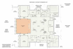 Birds-eye view of Aggarwal Hall with the Eli Banana Bar highlighted in orange.