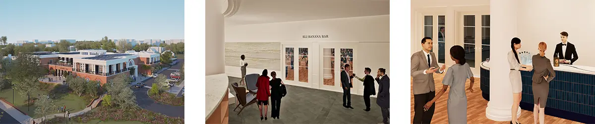 Three renderings of Aggarwal Hall and the Eli Banana Bar. The first is an aerial view of Aggarwal Hall. The second shows people standing outside the Ballroom, lableled Eli Banana Bar. The third image depics people at the bar itself.
