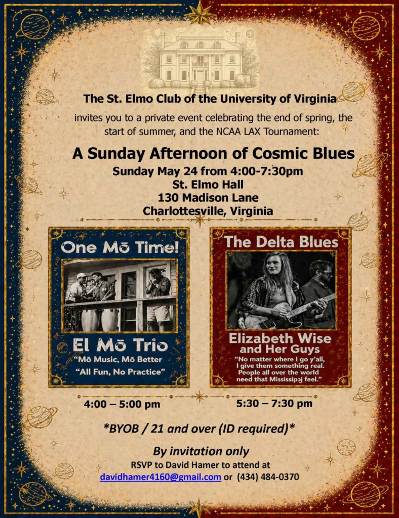Flyer for St. Elmo Cosmic Blues get-together, held Sunday, May 24 at St. Elmo Hall