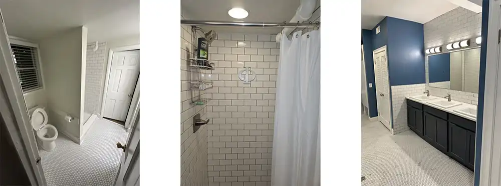 Three photos of renovated bathrooms at One University Circle
