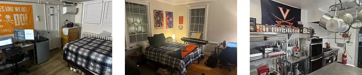 three photos: two bedrooms and the kitchen