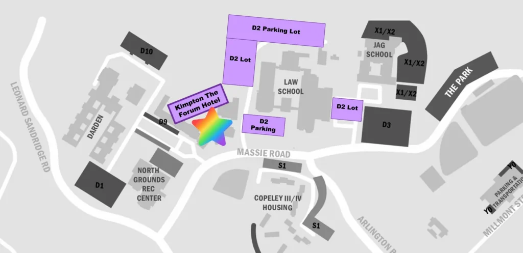 Map of North Grounds; the D-2 parking lot is between Kimpton the Forum Hotel and the Law School
