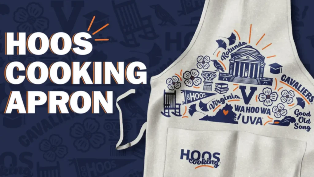 Hoos Cooking Apron promo image showing a canvas apron with orange and blue UVA designs on the front