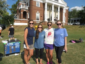 Theta sisters Pippa Malloch, Mariana Carrizosa, Shannon Boyles and Parke Whitley wait for the action to start.