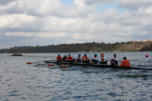 Varsity 8 rowing at the Bald Eagle regatta