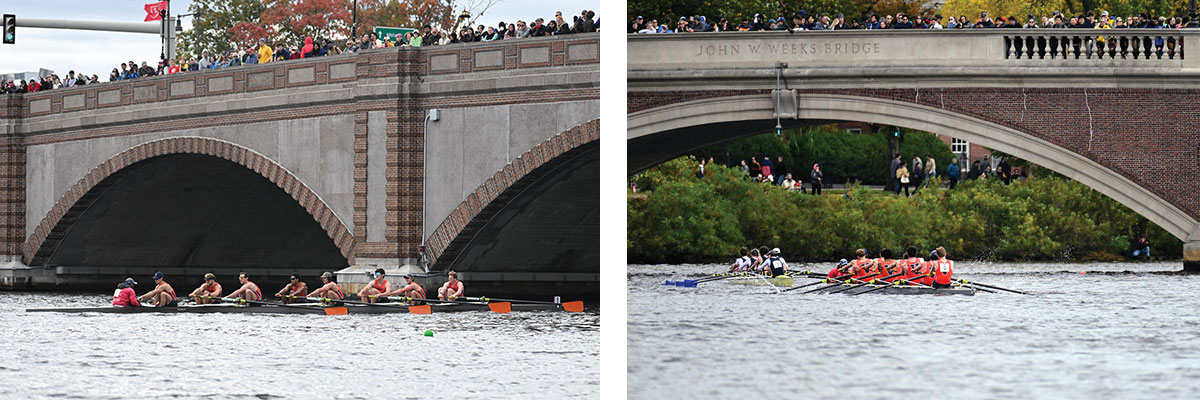 Collegiate 8 boats at the Head of the Charles