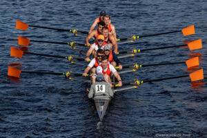 aerial photo of the alumni 8 at the Head of the Charles regatta